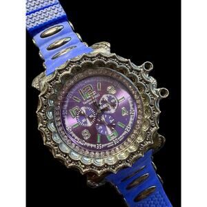 Techno KING Men's Chronograph Style Quartz Watch Blue Silicone Band Purple Dial